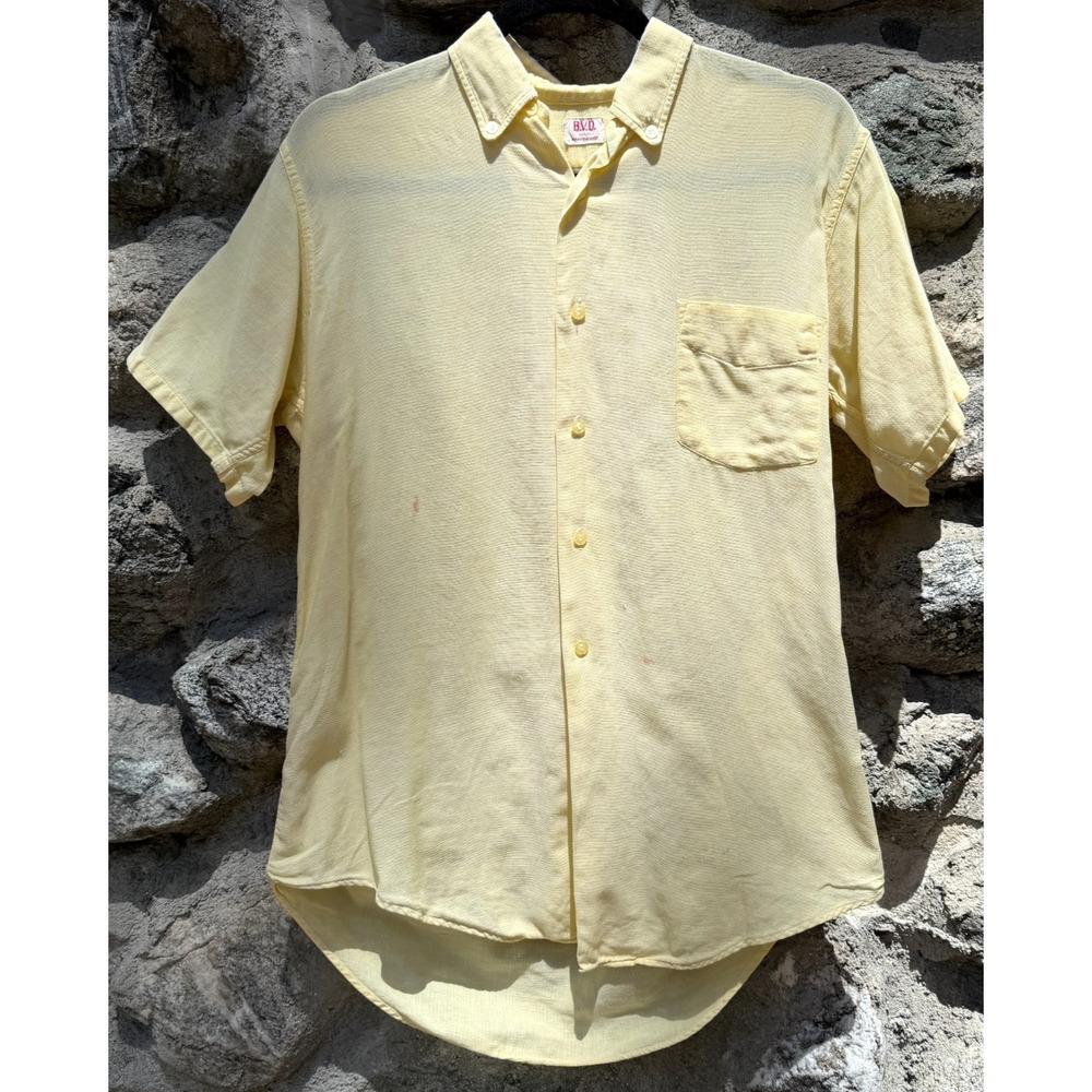1950s Vintage BVD Sanforized Short‎ Sleeve Button Down Shirt M Yellow Cotton